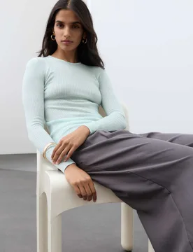 Pure Merino Wool Ribbed Long Sleeve Top Pale Aqua female - Autograph - FashionsVida