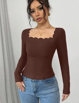 Camiseta ajustada de mujer de manga larga con cuello cuadrado, volantes y elegante estilo francés en color negro M - Shein - FashionsVida
