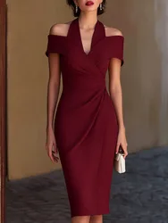 Sexy off-shoulder pleated midi dress elegant draped polyester fabric sleeveless waist-cinched gown
