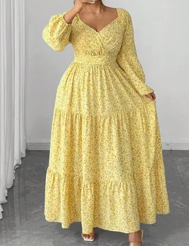 Vestido largo de manga larga con estampado floral, talla grande, tela tallas grandes de mujer con base amarilla y estampado floreal pequeño, ajuste l - Shein - FashionsVida