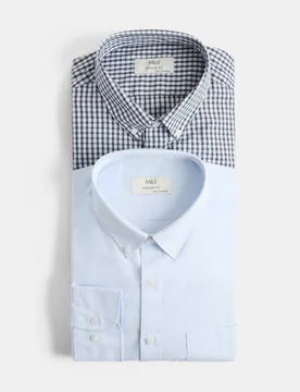 Pack Regular Fit Easy Iron Check Shirts Navy Mix male - M&S - FashionsVida