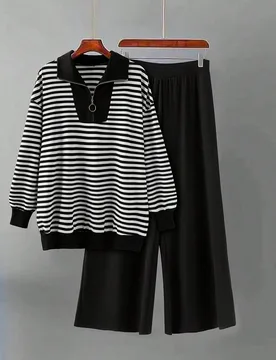 Conjunto de 2 piezas para mujer talla grande con sudadera de manga larga con cremallera y hombros caídos a rayas negras y blancas, y pantalones de pi - Shein - FashionsVida