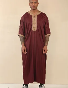 Mens Burgundy Moroccan Thobe Jubba Robe Eid Djellaba Gandoura - Maroon - Size 60 - Thobez - FashionsVida