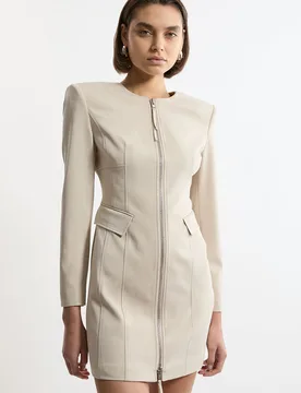 Womens Tailored Viscose Zip Through Multi Stitch Mini Dress - Beige - Size 14 Uk - Karen millen - FashionsVida