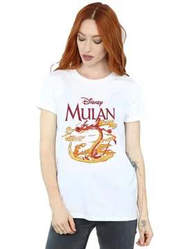 Women's Mulan Mushu Dragon Fire Cotton Boyfriend T-Shirt in White Size: 4XL - White - Size: 4XL - Disney - FashionsVida