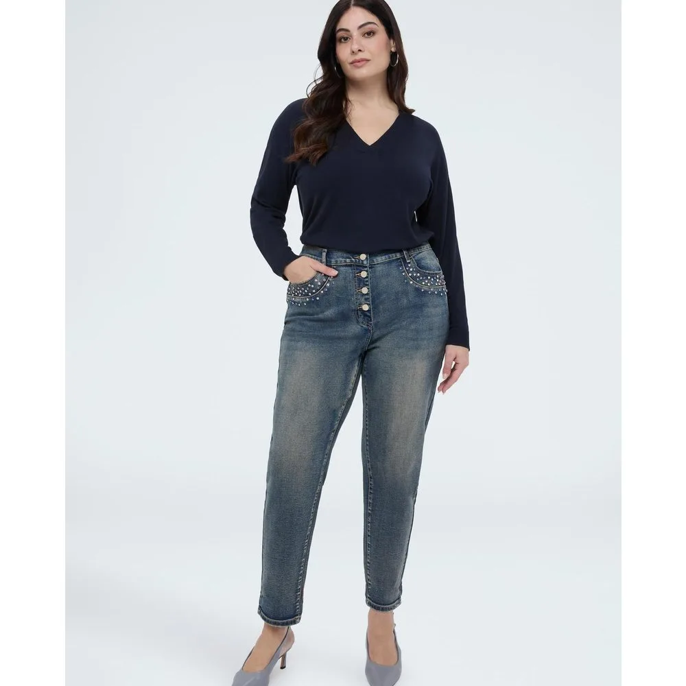 Vaqueros de mujer barrell con puntos de luz coloridos - Fiorella Rubino - FashionsVida