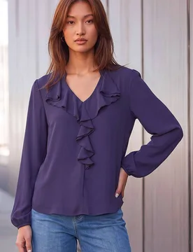 Women's Ruffle Neck Blouse in Purple Size: 14 - Purple - Size: 14 - Roman - FashionsVida