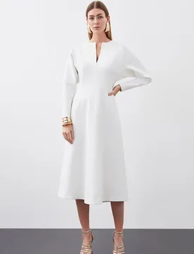 Womens Structured Crepe Tailored Keyhole Rounded A Line Midaxi Dress - White - Size 14 Uk - Karen millen - FashionsVida