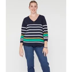 Jersey de mujer manga tres cuartos con escote pico y rayas