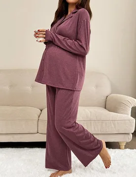 Piezas Conjunto de maternidad de unicolor de manga larga casual y pantalones Conjunto de ropa de dormir de alta elasticidad Ropa de estar por casa bur - Shein - FashionsVida