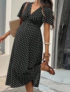 Vestido elegante de maternidad con lunares, cuello en V y manga corta M - Shein - FashionsVida