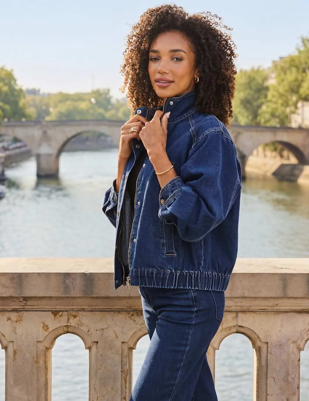 Denim Funnel Neck Jacket Dark Indigo female - Sosandar - FashionsVida