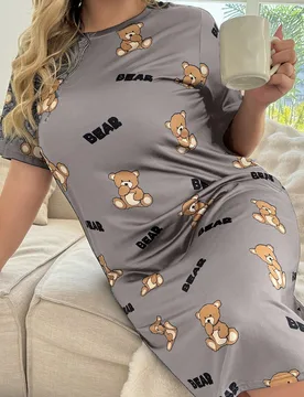 Vestido de dormir de verano talla grande para mujeres, vestido de pijama con estampado lindo de oso y letras 3XL - Shein - FashionsVida