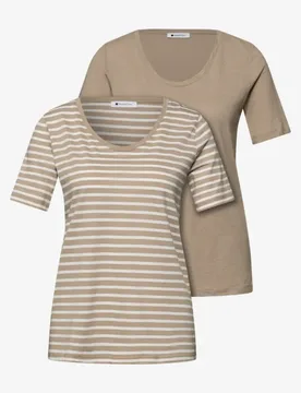 T-Shirts mit rounded V-Neck im 2er-Pack female Beige - Street One - FashionsVida