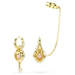 Orecchini pendenti con ear cuff Idyllia, Taglio misto, Cuore con chiave, Rosa, Finitura oro 18K OS