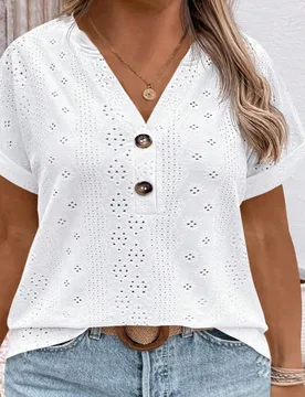 Camiseta de punto jacquard con cuello de botones para mujer talla grande, ropa casual elegante de otoño para mujer, blanco para té de la tarde y ma? - Shein - FashionsVida