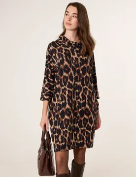 Leopard Print Draped Cowl Neck Tunic Dress - M/L / ANIMAL - female - Blue Vanilla - FashionsVida
