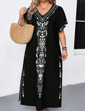 Vestido largo casual de playa con cuello en V y manga corta con estampado gráfico para mujer de talla grande 2XL - Shein - FashionsVida