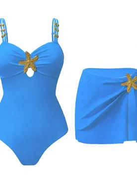 Pieza Mono de vacaciones casual con decoración de pentágono lindo para mujer, Traje de baño de 2 piezas con estrella de mar, Traje de baño de muje - Shein - FashionsVida