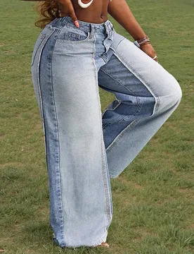 Pantalones vaqueros holgados y casuales con pierna acampanada y diseño de patchwork para mujer talla grande 1XL - Shein - FashionsVida
