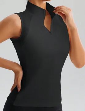 Camiseta de tirantes sin mangas con cuello alto y media cremallera de malla para mujer, camiseta deportiva transpirable de verano para fitness y yoga, - Shein - FashionsVida