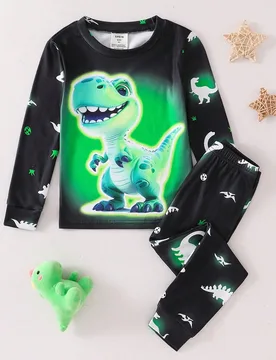 Conjunto de pijama de 2 piezas para niños pequeños, ajuste ceñido, patrón de dinosaurio que brilla en la oscuridad, top de manga larga con cuello - Shein - FashionsVida