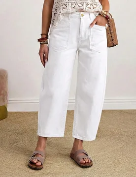 Jeans de pierna ancha con bolsillos y cremallera versátiles y de moda para mujer, adecuados para uso diario, vacaciones y desplazamientos, todo blanc - Shein - FashionsVida