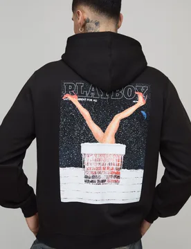 Mens Tall Oversized Playboy Christmas License Printed Hoodie - Black Cotton - Size Small - boohooMAN - FashionsVida