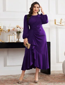 Vestido de Talla Grande unicolor Cuello Redondo Manga Larga Plisado Minimalista Elegante Casual de Negocios Otoño Boda Formal Púrpura Oscuro 3XL - Shein - FashionsVida