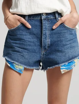 Superdry Damen Abgeschnittene Vintage Shorts mit Hohem Bund Blau - Größe: 38 - 59.99 - FashionsVida