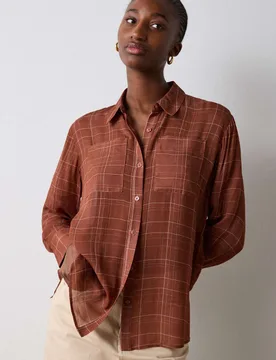 Sheer Checked Collared Button Through Shirt Brown Mix female - Whistles - FashionsVida