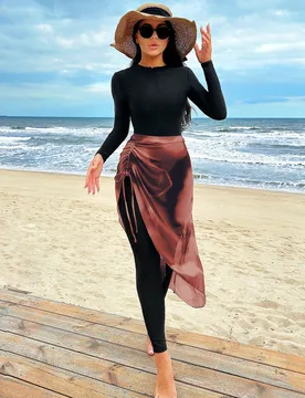 Conjunto de traje de baño de una pieza de unicolor con manga larga y cremallera, talla grande un vestido de cobertura y falda a juego en estampado ti - Shein - FashionsVida