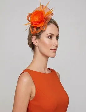 Women's Feather & Mesh Flower Fascinator with clip & hair band in Orange - Orange - Size: One Size - Vellin - FashionsVida