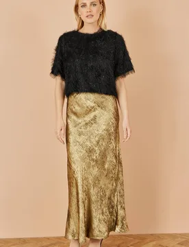 Women's Gold Satin Midi Skirt Size: 12 - Gold - Size: 12 - Yumi - FashionsVida