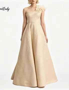 SweetLady Champagne One Shoulder A-Line Formal Gown 3D Floral Applique Textured Satin Long Evening Dress - Aliexpress - FashionsVida