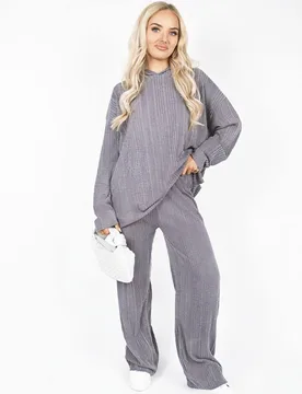 Women's Zayana Hooded Ribbed Oversized Top & Wide Leg Lounge Co-ord Set in Charcoal - Charcoal - Size: One Size - IKRUSH - FashionsVida