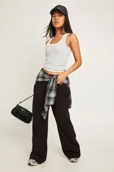 Womens Petite Rib Wide Leg Trouser - Black Cotton - Size 10 Uk