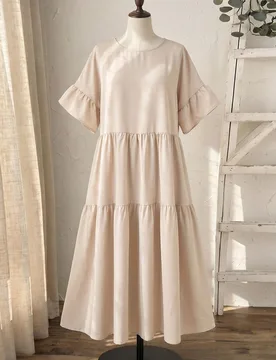 Vestido Lus Talla Única unicolor Cuello Redondo Fruncido Casual Suave Ajustado Smart Casual Estilo Boho Beige Verano Perfecto Para Playa Brunch Forma - Shein - FashionsVida