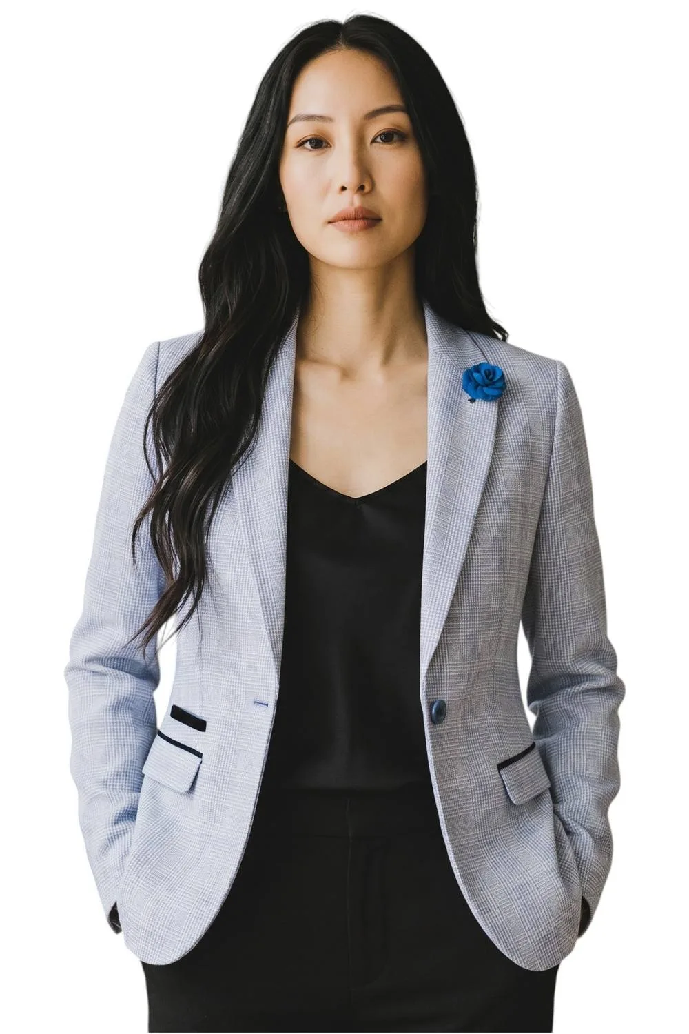 Women's Check Wool Blend Herringbone Tweed Tailored Blazer - Caridi in Blue Size: 16 - Blue - Size: 16 - Infinity Leather - FashionsVida