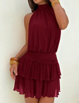Vestido mini con cuello halter, drapeado y volante en el bajo, elegante y sexy para mujer M - Shein - FashionsVida