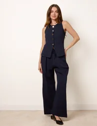 Round Neck Button Through Vest & Trouser Set - M / NAVY - female