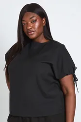 Womens Plus Linen Cuff Tie Detail Top - Black