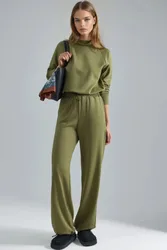 Womens Modal Touch Half Turtleneck Blouse & Elastic Waist Pants - Khaki - Size Small