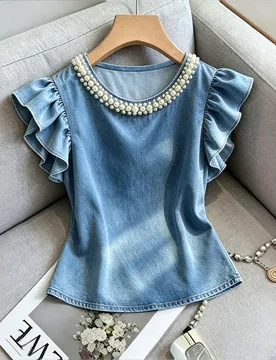 Blusa de moda ajustada con cuello redondo, mangas con volantes y decoración de perlas para mujer L - Shein - FashionsVida