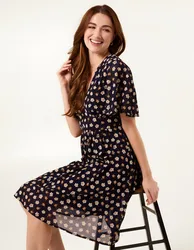 V Neck Tie Back Flower Printed Mini Dress - L / NAVY - female