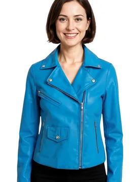 Women's Classic Brando Biker Leather Jacket - Secunda in Blue Size: 14 - Blue - Size: 14 - Infinity Leather - FashionsVida