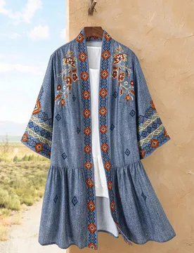 Abrigo de talla grande con estampado integral, cuello con muesca, manga 3/4, ribete de volantes y frente abierto, otoño invierno 2026 0XL - Shein - FashionsVida