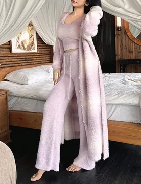 Conjunto de pijama de 3 piezas con bata holgada de manga larga, top de tirantes holgado y pantalones holgados de punto para mujer, para otoño/inviern - Shein - FashionsVida