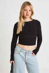Womens Petite Double Layer Slinky Long Sleeve Top - Black Elastane - Size 10 Uk