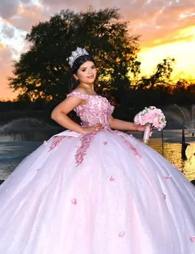 Pink Quinceanera Dress Glitter Crystal 3D Flower Decal Long tail off-shoulder Bow Vestidos De 15 Quinceanera ﻿Customize - Aliexpress - FashionsVida